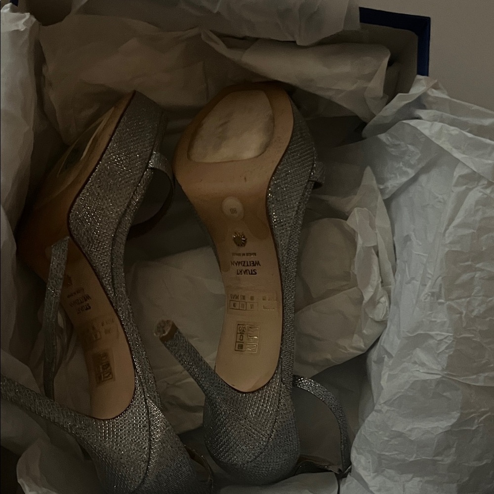 Stuart Weitzman platform strappy Silver Heels 8B - image 3